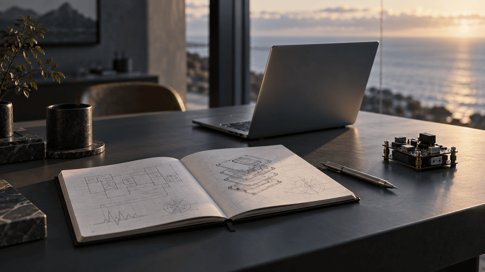 Illustration of an engineering workspace with system sketches, a laptop and an embedded prototype
